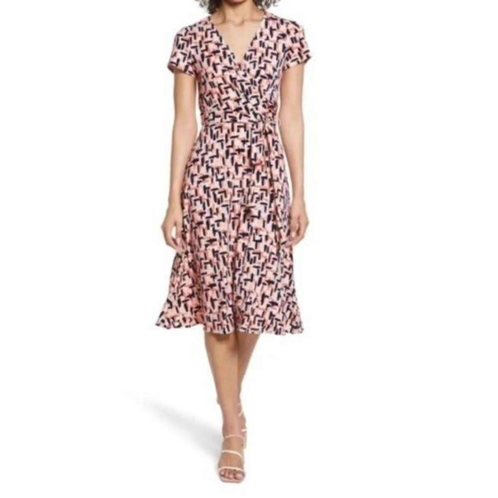 ELIZA J Surplice Print Jersey Faux Wrap Dress Pink Size 8